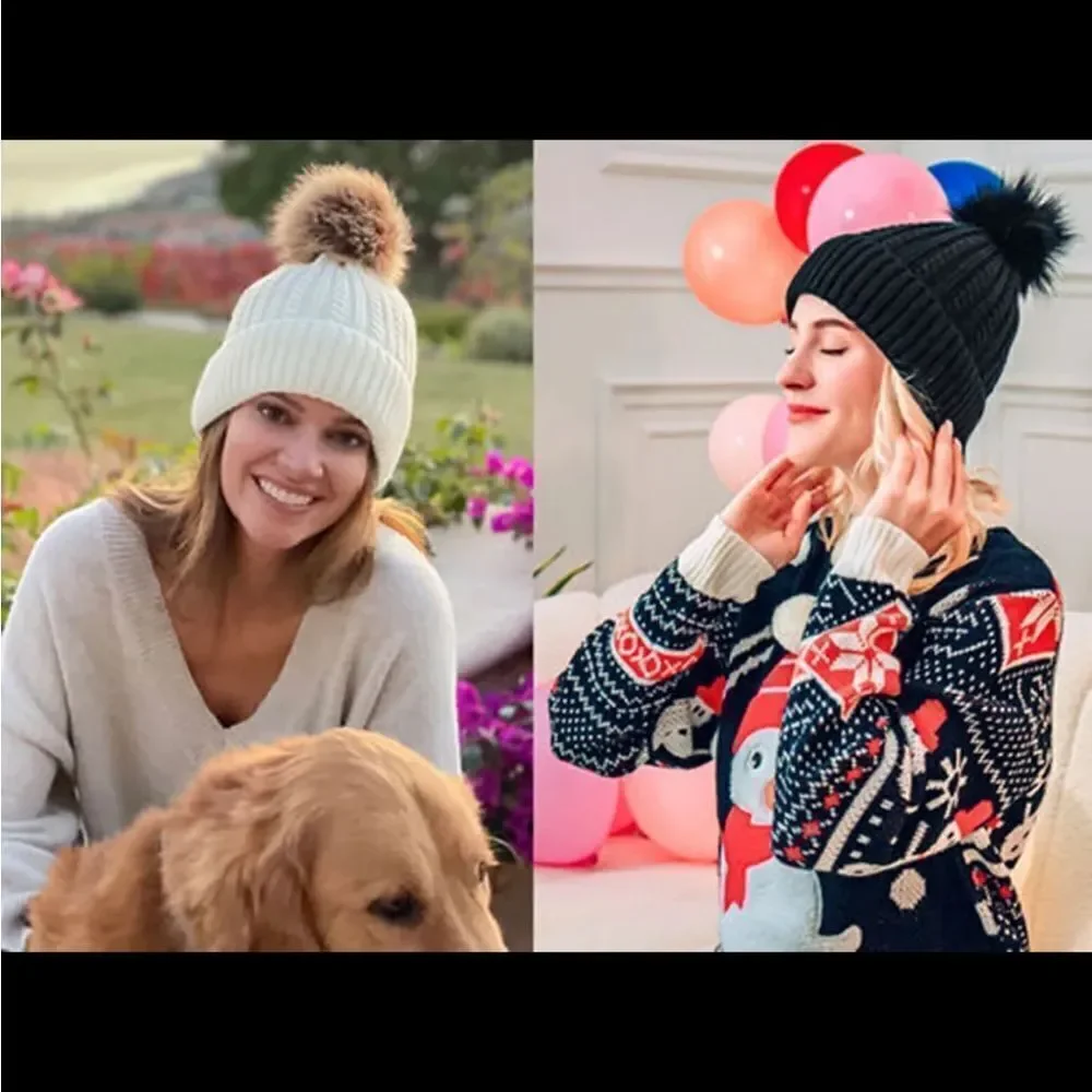 Women Fleece Beanie Hat Knit Plain Solid Winter Warm Hat with Faux Fur Pom